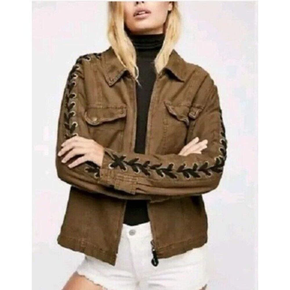 Free People Black Lace-up Sleeve Faye Military Jacket Size Small NWT NEW‎ $168